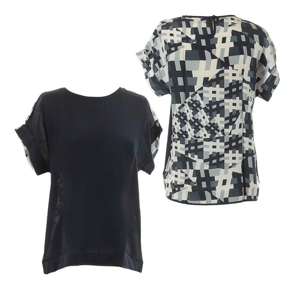 🌺 Vida 100% Silk Color Block Print Short Sleeve Boxy Short Sleeve Blouse Size S - Picture 1 of 10